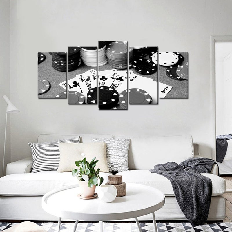 LevvArts - 5 Piece Canvas Prints Black and White Poker Picture Painting Wall Art for Pub Bar Casino Wall Decoration,Stretched and Framed Easy Hanging - Image 5